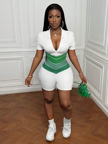 Simple Casual Summer Holiday Zipper Polo/V-Neck Short Sleeve Green Triangular Pattern Print Women Jumpsuit Unitard