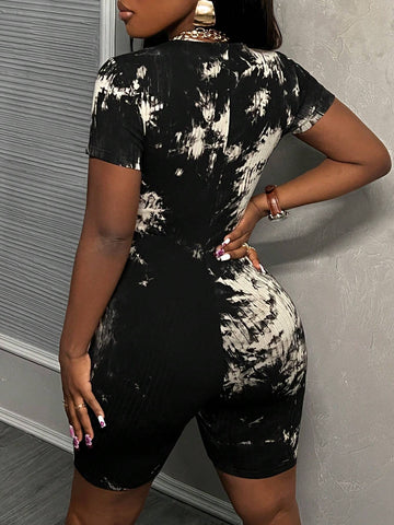Simple Casual Summer Round Neck Zipper Short Sleeve Shorts Black & White Tie Dyeing Hole Stripe Knitted Women's Skinny Jumpsuit