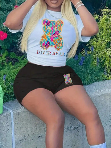 Simple & Casual Basic Round Neck Short Sleeve T-Shirt & Shorts For Women, Colorful Bear Couple Pattern, 2PCS/Set - C