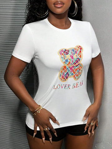 Simple & Casual Basic Round Neck Short Sleeve T-Shirt & Shorts For Women, Colorful Bear Couple Pattern, 2PCS/Set - C