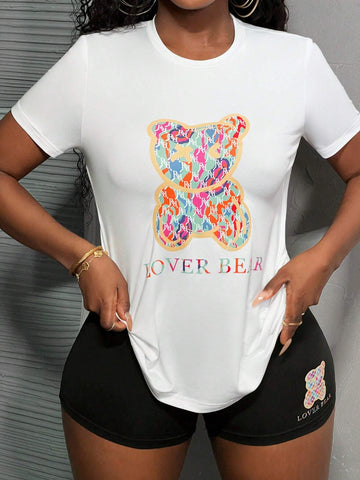 Simple & Casual Basic Round Neck Short Sleeve T-Shirt & Shorts For Women, Colorful Bear Couple Pattern, 2PCS/Set - C