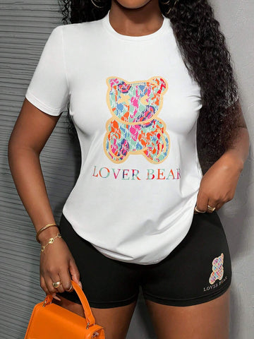 Simple & Casual Basic Round Neck Short Sleeve T-Shirt & Shorts For Women, Colorful Bear Couple Pattern, 2PCS/Set - C