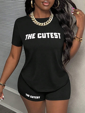 Simple & Casual Basic Street Style Casual Round Neck Short Sleeve T-Shirt With Elastic Waistband Shorts And Letter Slogan Set, Knitted Women's 2pcs Set - H