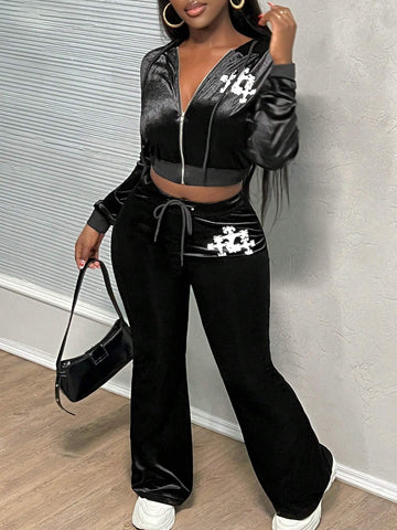 Autumn And Winter Casual Simple Hooded Truncated Long-Sleeved Normal Shoulder Zipper Cardigan Micro-Flared Trousers Logo Slo