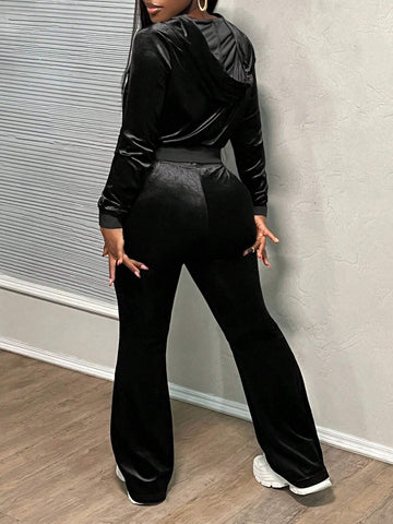 Autumn And Winter Casual Simple Hooded Truncated Long-Sleeved Normal Shoulder Zipper Cardigan Micro-Flared Trousers Logo Slo