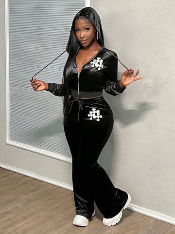 Autumn And Winter Casual Simple Hooded Truncated Long-Sleeved Normal Shoulder Zipper Cardigan Micro-Flared Trousers Logo Slo