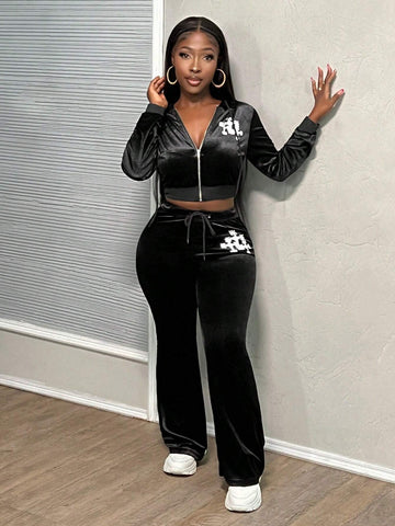 Autumn And Winter Casual Simple Hooded Truncated Long-Sleeved Normal Shoulder Zipper Cardigan Micro-Flared Trousers Logo Slo