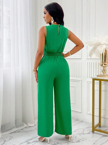 Sleeveless Tie Straps V-Neck Belted Waist Jumpsuit The Metal Buckle Of The Belt Can Be Opened