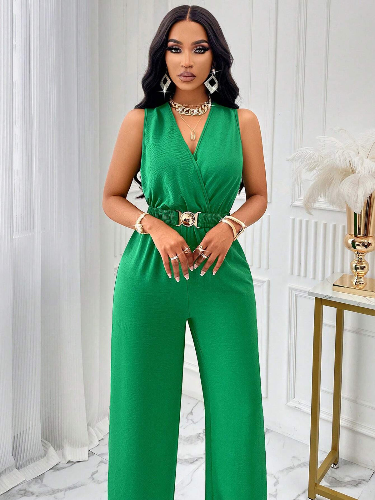 Sleeveless Tie Straps V-Neck Belted Waist Jumpsuit The Metal Buckle Of The Belt Can Be Opened