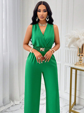 Sleeveless Tie Straps V-Neck Belted Waist Jumpsuit The Metal Buckle Of The Belt Can Be Opened