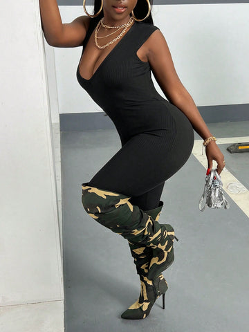 Slim Fit Deep V Neck Sleeveless Jumpsuit