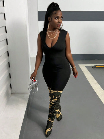 Slim Fit Deep V Neck Sleeveless Jumpsuit