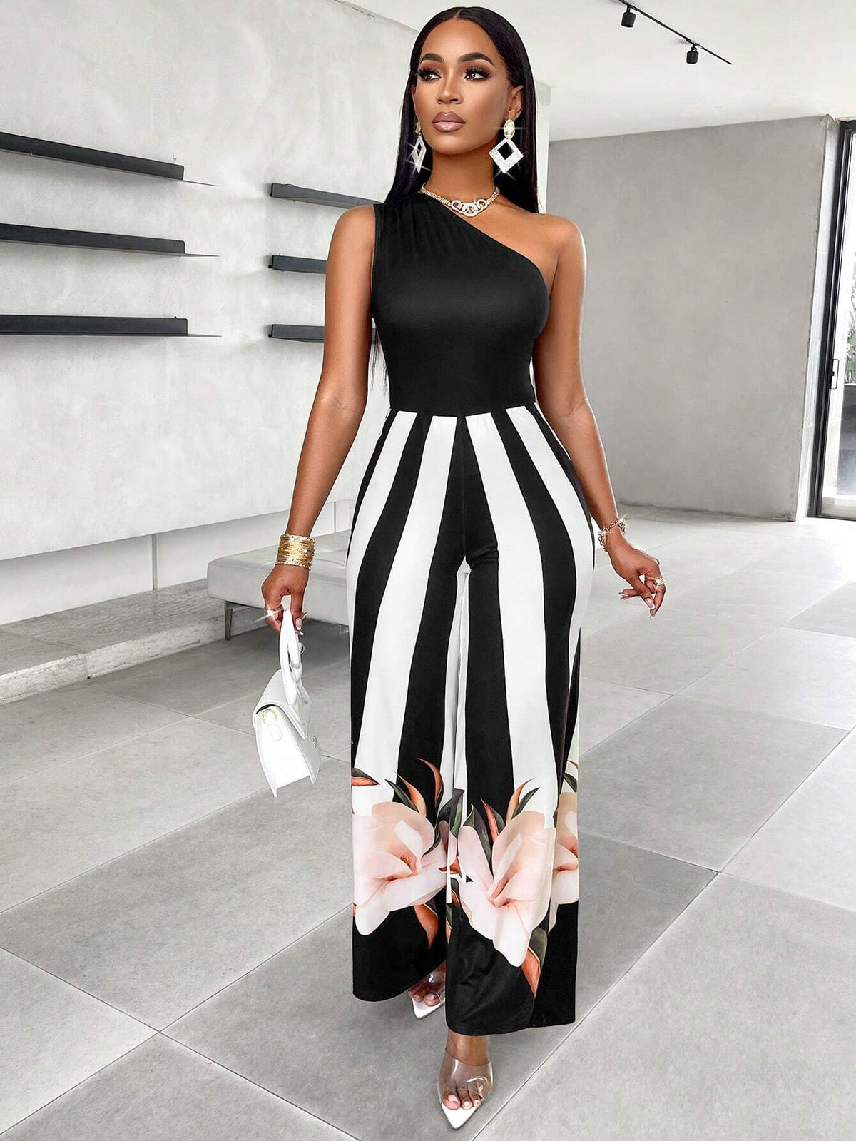 Solid Color Asymmetrical Neck Floral Striped Print Jumpsuit (Positioning Printing)