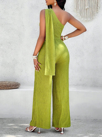 Solid Color Asymmetrical Neck Twist Front Jumpsuit