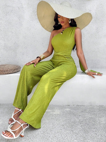 Solid Color Asymmetrical Neck Twist Front Jumpsuit