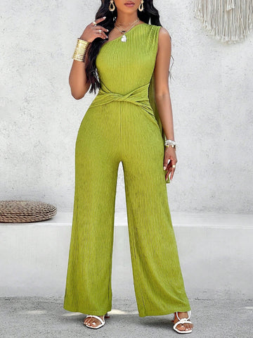 Solid Color Asymmetrical Neck Twist Front Jumpsuit
