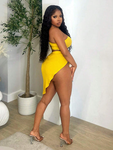 Solid Color Asymmetrical Neckline Sleeveless Top And Thigh Length Split Skirt Two Piece Set