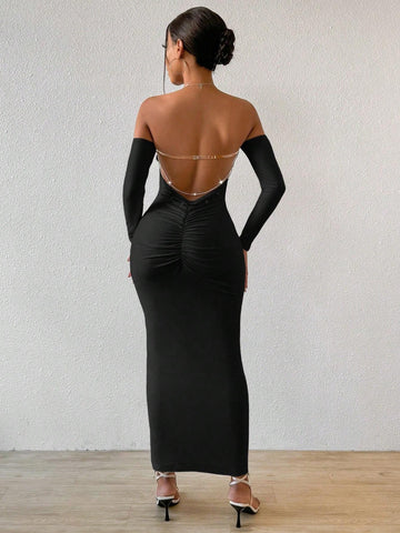Solid Color Backless Dress With Metal Chain Decor