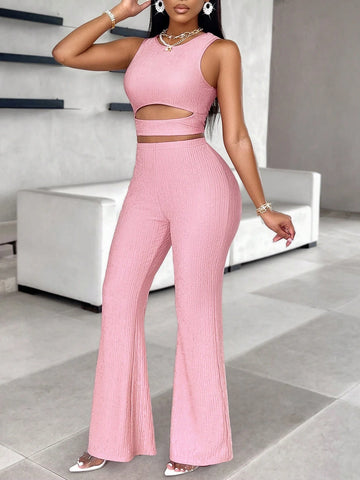 Solid Color Casual And Cut Out Short Pattern Round Neck Women's Tank Top Suitable & Solid Flare Leg Pants Sets For Summer