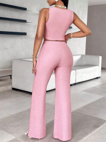 Solid Color Casual And Cut Out Short Pattern Round Neck Women's Tank Top Suitable & Solid Flare Leg Pants Sets For Summer