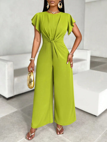 Solid Color Crossed Fold Detai Short Sleeve Jumpsuit