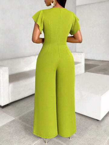 Solid Color Crossed Fold Detai Short Sleeve Jumpsuit