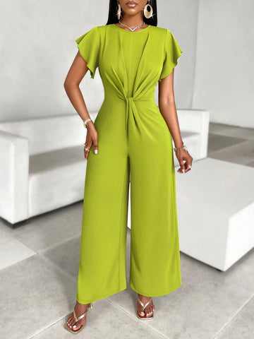 Solid Color Crossed Fold Detai Short Sleeve Jumpsuit