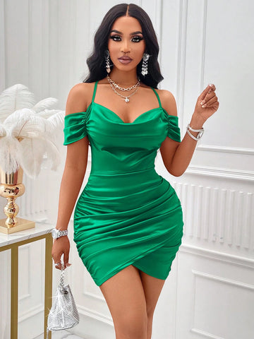 Solid Color Draped Collar Ruched Side Satin Bodycon Dress Party Dress