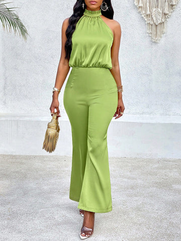 Solid Color Halter Ruched Satin Flared