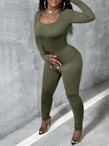 Solid Color Long Sleeve Casual Jumpsuit