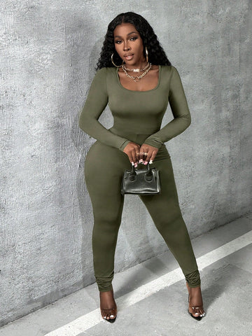 Solid Color Long Sleeve Casual Jumpsuit