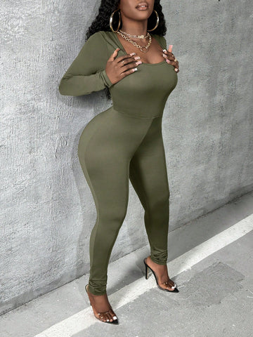 Solid Color Long Sleeve Casual Jumpsuit