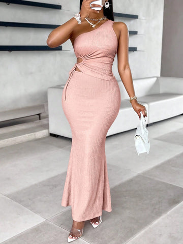 Solid Color One Shoulder Hollow Out Waist Drawstring Top & And Mermaid Skirt Set