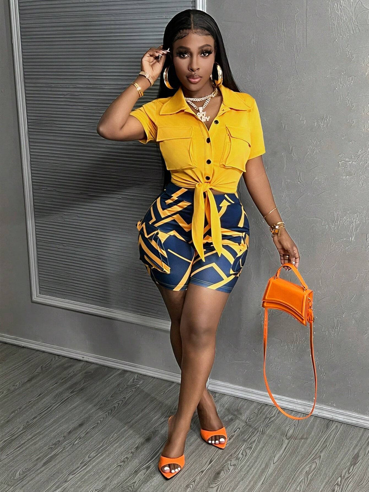 Solid Color Short Sleeve Top With Front Buttons And All-Over Allover Print Shorts Knitted Casual 2pcs Set