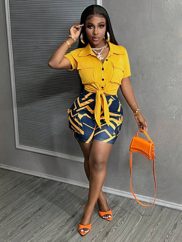 Solid Color Short Sleeve Top With Front Buttons And All-Over Allover Print Shorts Knitted Casual 2pcs Set