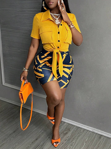 Solid Color Short Sleeve Top With Front Buttons And All-Over Allover Print Shorts Knitted Casual 2pcs Set