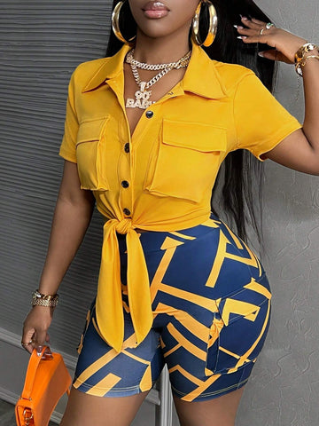 Solid Color Short Sleeve Top With Front Buttons And All-Over Allover Print Shorts Knitted Casual 2pcs Set