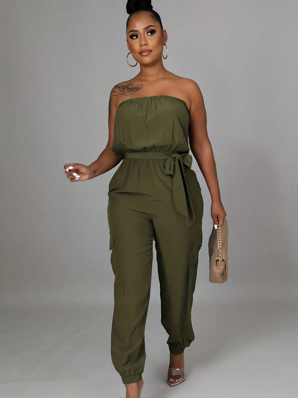 Solid Color Strapless Jumpsuit With Gathered Waist And Ankle Cuffs