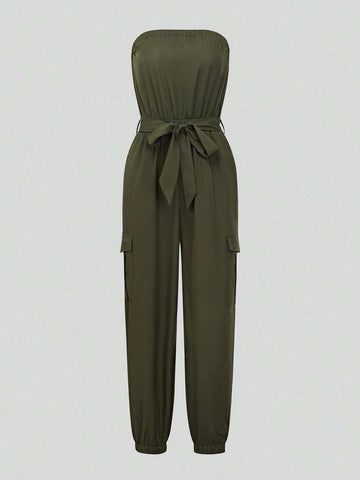 Solid Color Strapless Jumpsuit With Gathered Waist And Ankle Cuffs
