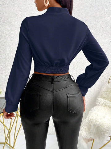 Slayr Solid Color V-Neck Crossed Wrap Elegant Long Sleeve Blouse