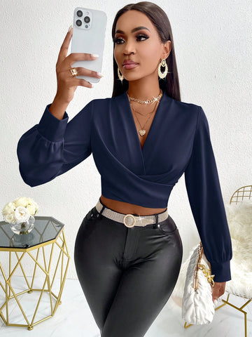 Slayr Solid Color V-Neck Crossed Wrap Elegant Long Sleeve Blouse