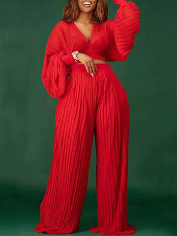 Solid Color V-neck Cropped Top And Wide Leg Pants Two Piece Set