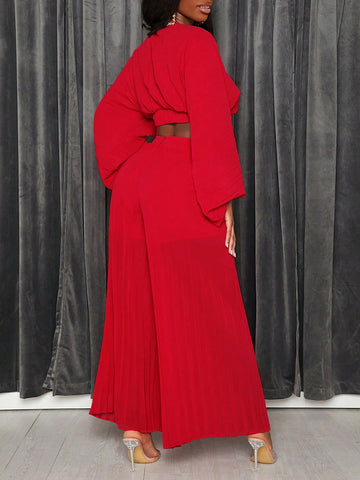 Solid Color V-neck Cropped Top And Wide Leg Pants Two Piece Set