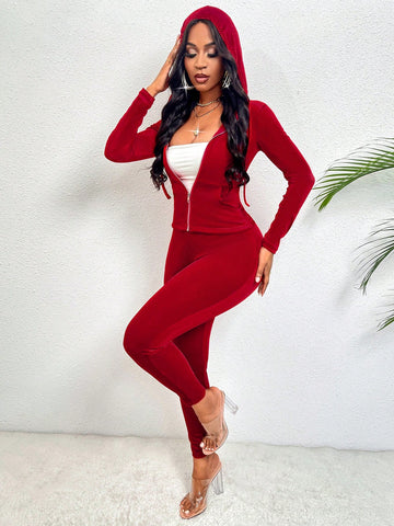 Solid Color Zipper Front Hooded Two-piece Outfit