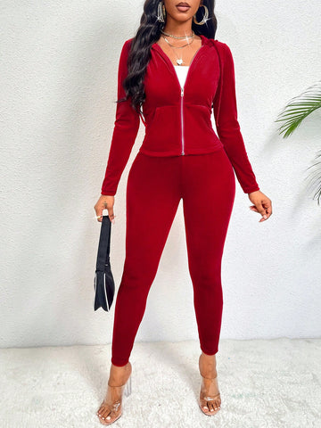 Solid Color Zipper Front Hooded Two-piece Outfit