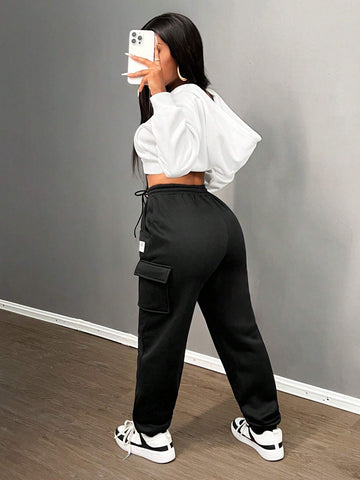 Slayr Solid Letter Patched Drawstring Waist Cargo Sweatpants