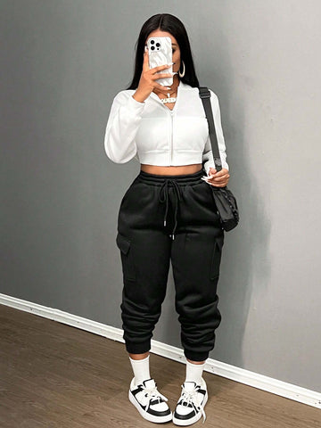 Slayr Solid Letter Patched Drawstring Waist Cargo Sweatpants
