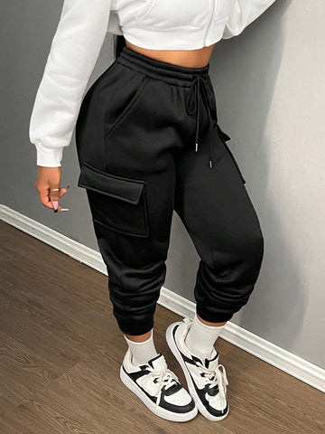 Slayr Solid Letter Patched Drawstring Waist Cargo Sweatpants