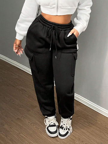 Slayr Solid Letter Patched Drawstring Waist Cargo Sweatpants