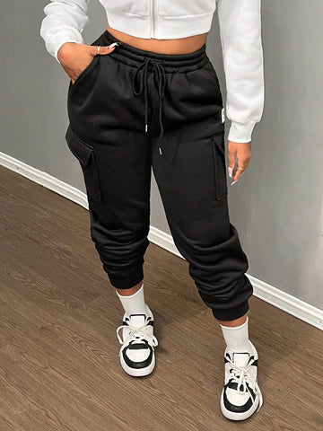 Slayr Solid Letter Patched Drawstring Waist Cargo Sweatpants